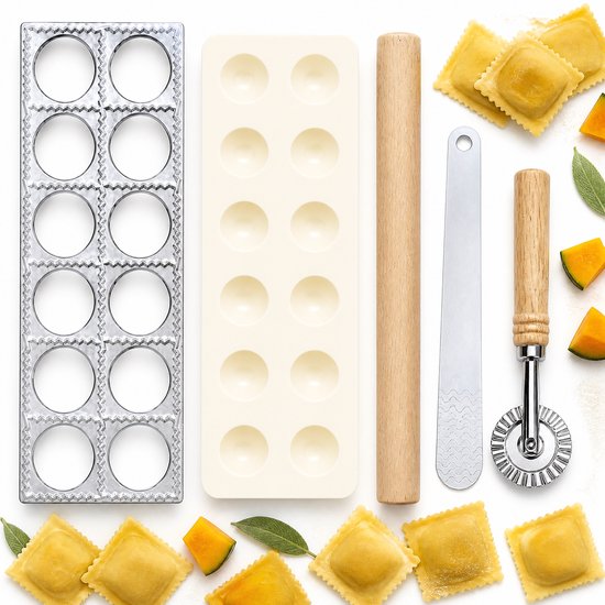 Ravioli maker set 4-delig - Aluminium raviolivorm met 12 vakken - Met deegroller, vulspatel en gekarteld snijwiel - Voor verse vierkante pasta