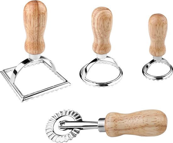 Ravioli, set van 4 stuks, ravioli uitsteekvormpjes, deegzakvorm, deegroller gegolfd, ravioli roller met houten handvat, ravioli-stempel met geribbelde rand, multifunctionele pastasnijder van Gwhole