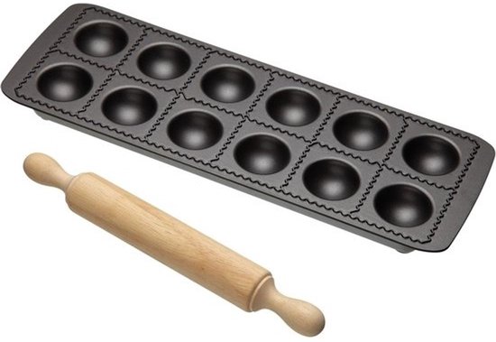 Raviolivorm met deegroller - 33 x 115 cm - Carbon en hout - Grijs en bruin - Pastaroller