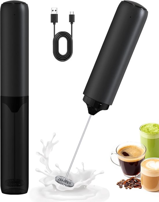 Rechargeable Milk Frother Handheld - Elektrische Drink Mixer Rvs - Draadloos Schuimklopper Voor Matcha Latte - Compacte Handmixer Voor Cappuccino - Zwart Model Met Deksel - 1 Stuk Set - Voor Thuis Kantoor En Reizen van Merkloos