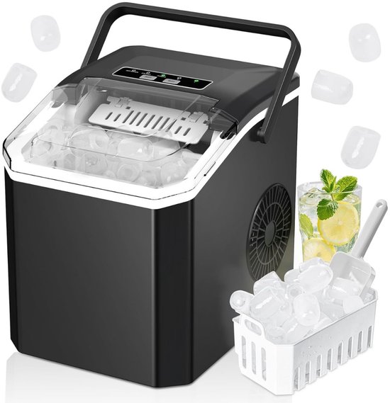 REN® Ijsblokjesmachine - ijsmachine -ijsblokjesmakers - 9 blokjes in 7 minuten - Zwart - 30cm x 29cm x 23cm van Merkloos