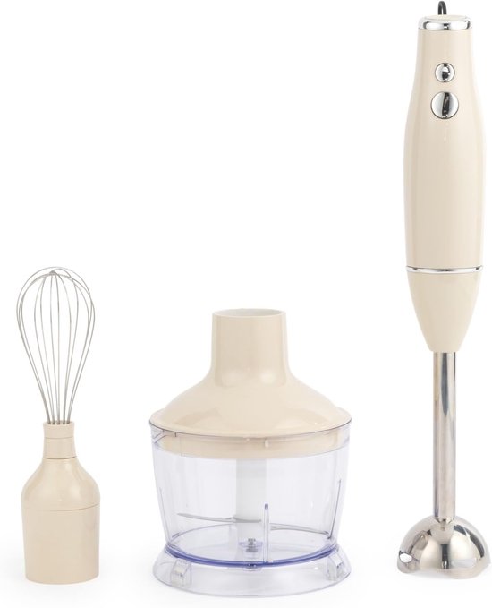 Retro 3-in-1 Blender Set – Krachtige motor van 600W, 2 snelheidsinstellingen, roestvrijstalen garde en messen, 500ml hakkom, multifunctionele staafmixer voor kloppen, mengen en hakken, Crème
