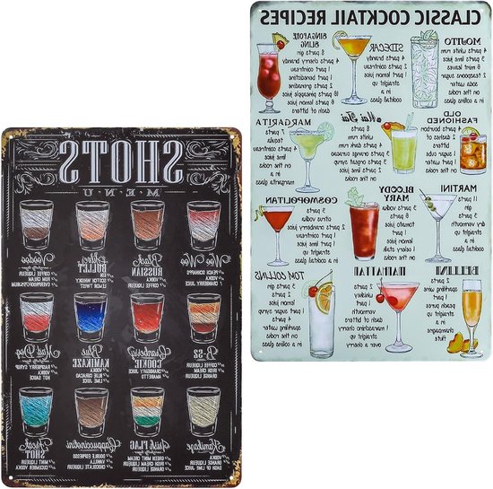 Retro Cocktail Recepten Borden - 2 Stuks - 19.5 x 29.5 cm - Vintage Decoratie voor Café, Bar en Keuken met Menu en Drankjes van Merkloos