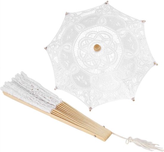 Retro Romantische Kant Paraplu en Handwaaier, Klassieke Trouwe Parasols met Houten Handvat, Vintage Fotoprops voor Dames en Retro Stijl Kostuums uit de Jaren '20