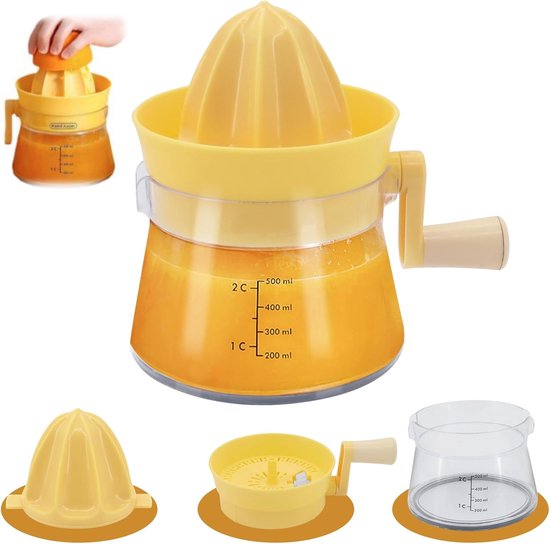 REWYTAZ-Handmatige sapcentrifuge - Citroenpers- Eenvoudig en handig - Grote diameter afleidingspoort - Limoenpers met meetinstrument - 500 ml - Geschikt voor gebruik in de keuken, thuis, buiten en op de camping (geel - 16,5 * 13) van Merkloos