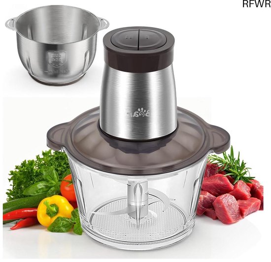 RFWR® Elektrische Keukenmachine en Hakmolen met Glazen en RVS Containers, 600 W, 2-Snelheden, Roestvrijstalen Messen voor Vlees en Babyvoeding van RFWR