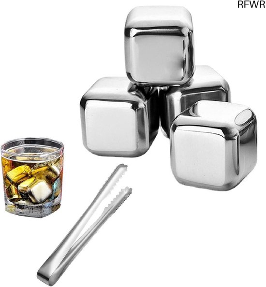 RFWR® Herbruikbare roestvrijstalen ijsblokjes met tang - 4 stuks voor whisky en bier van RFWR