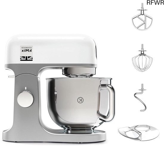 RFWR® Keukenmachine met roestvrijstalen kom van 5 l, 1000 watt, 3-delige gebakset, spatbescherming, traploze snelheidsregeling en metalen behuizing van RFWR
