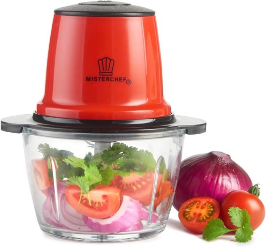 Rode Mini Chopper Blender - 200W Keukenmachine met Turbo en 1.5L Glazen Kom