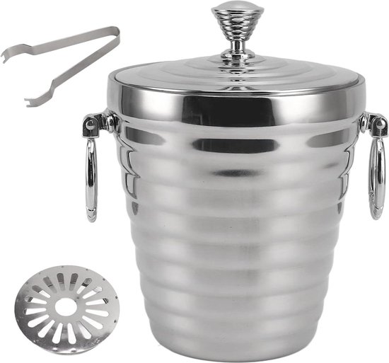 Roestvrij staal dubbelwandige ijsblokjes emmer - ijsblokjescontainer met deksel, zeef en tang - 1L van BarCraft