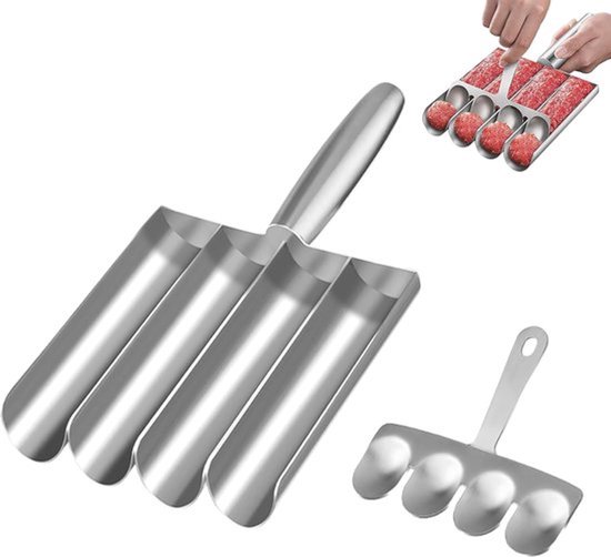 Roestvrij stalen gehaktbalvorm met 4 buizen en snijschep - Multifunctionele meatball maker voor gehaktballen, visballetjes en krabballetjes
