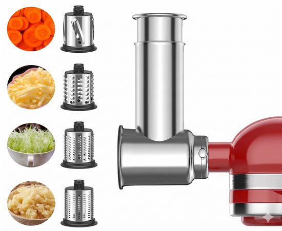 Roestvrij Stalen Groentesnijder Accessoire voor KitchenAid - Raspmolen Opzetstuk - Inclusief 3 Snijbladen - Vaatwasserbestendig - RVS Kaasrasp