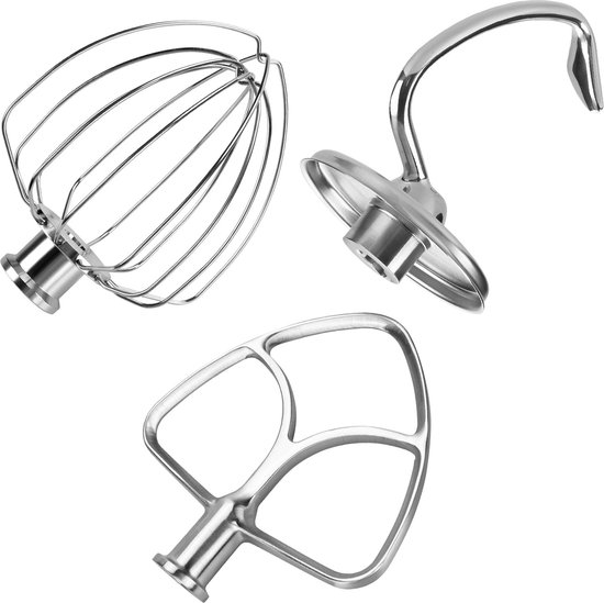 Roestvrijstalen 3-Delige Accessoireset voor KitchenAid 4,5-5 Quart Tilt-Head Stand Mixers Artisan & Classic Series van MMOBIEL - K45 6-Draads Garde, Platte Mixer en Deeghaak - Vaatwasmachinebestendig van MMOBIEL