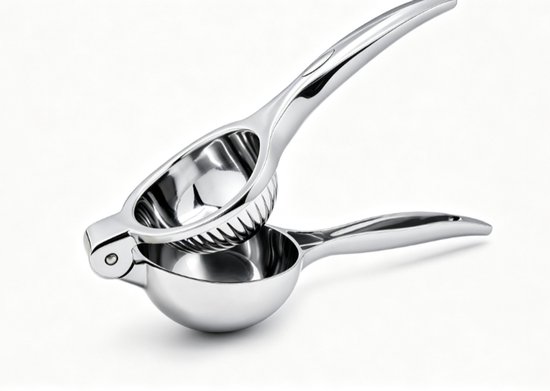 Roestvrijstalen citroenpers met maximale sapopbrengst, robuuste handmatige citruspers voor citroenen en limoenen, ergonomische handpers, houdt pitten tegen, vaatwasserbestendig en roestbestendig.