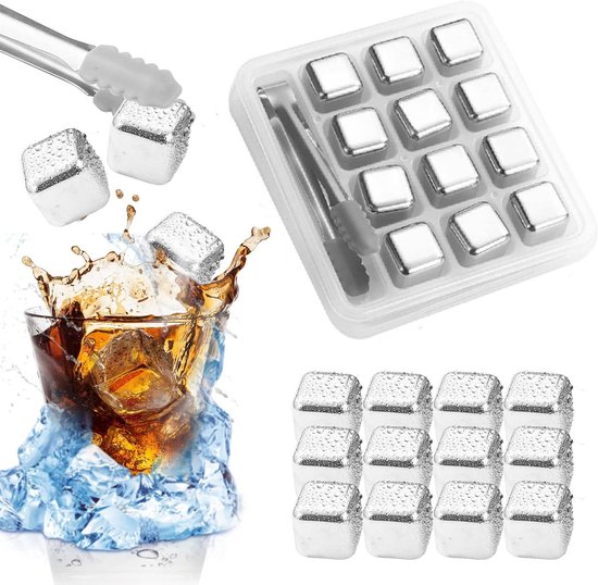 Roestvrijstalen ijsblokjes - Metalen ijsklontjes herbruikbaar - Dranken koelen - Verdunnen drank niet - 12 stuks - Zilverkleurig van Merkloos