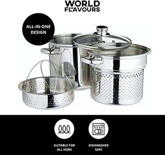 Roestvrijstalen Pastapan met Stoominzetstuk - 20 cm, Geschikt voor Alle Kookplaten van Merkloos