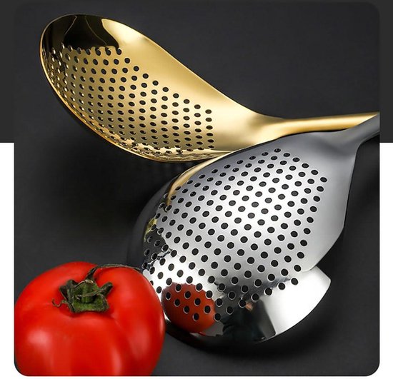 Roestvrijstalen schuim- en afscheplepel met ergonomische handgreep en ophangoog voor pasta, soepen en meer van Merkloos