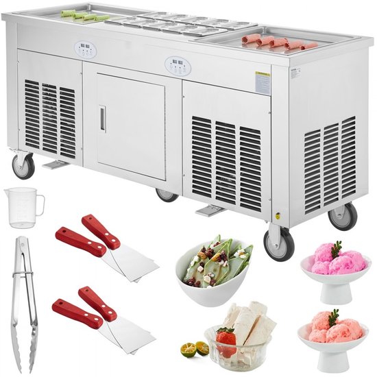 Rolijsmachine - Dubbele IJsplaat - 2 Platen 45 x 45 cm - Met Compressor - 4 Schrapers - Commercieel - Voor IJs en Bevroren Yoghurt van Merkloos