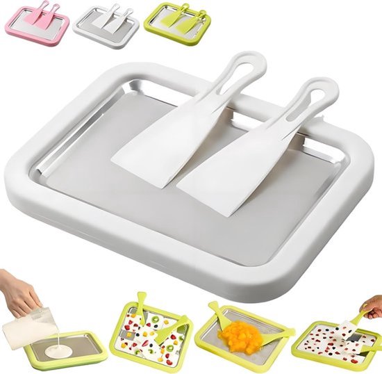 Roll ijsmachineset - Home roll ijsmachine met roestvrijstalen vriesplaat, DIY bevroren dessertmaker inclusief 2 schrapers en yoghurtschaal, wit, geschikt voor zelfgemaakte sorbet, bevroren yoghurt voor kinderen en volwassenen
