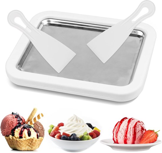 Rolled Ice Cream Maker - Rolling Ijs Grill - Ijsmachine - IJsrolplaat met 2 spatels - voor zelfgemaakte gerolde ijs, bevroren yoghurt - wit - 22x17,5x3,5cm van Merkloos