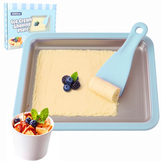 Rolled Ice Cream Maker - Zelf IJs Maken - Incl. 2 Spatels en Receptenboekje - Zonder stroom - Koelt tot -18°C - Teppanyaki - IJsmaker IJsmachine - IJsrolplaat - Blauw - Löwenthal