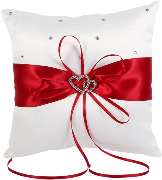 Romantisch Ringkussen van Polyester met Strik en Dubbel Hart, Perfect voor Trouwen en Ceremonies, Ideaal als Decoratie voor Thuis (Rood) van Merkloos