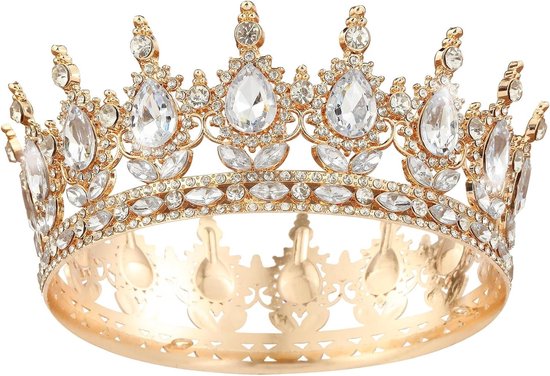 Ronde Vintage Tiara voor Meisjes met Kristallen en Barokke Strass, Inclusief 3 Zilveren Parels, Perfect voor Bruiloften, Prom en Verjaardagsfeesten van Merkloos