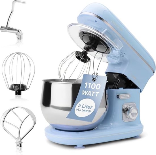 Roterende Deegmachine – Multifunctionele Deegmixer – Kneedmachine – Inclusief Spatdeksel & Navulopening – 1100W – RVS – Blauw van Coppolo.