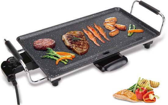 Royal Swiss® Elektrische Grillplaat - 2000W Bakplaat 46x26 cm - Antiaanbaklaag - Verstelbare Thermostaat - Cool Touch Handgrepen - Vaatwasserbestendig