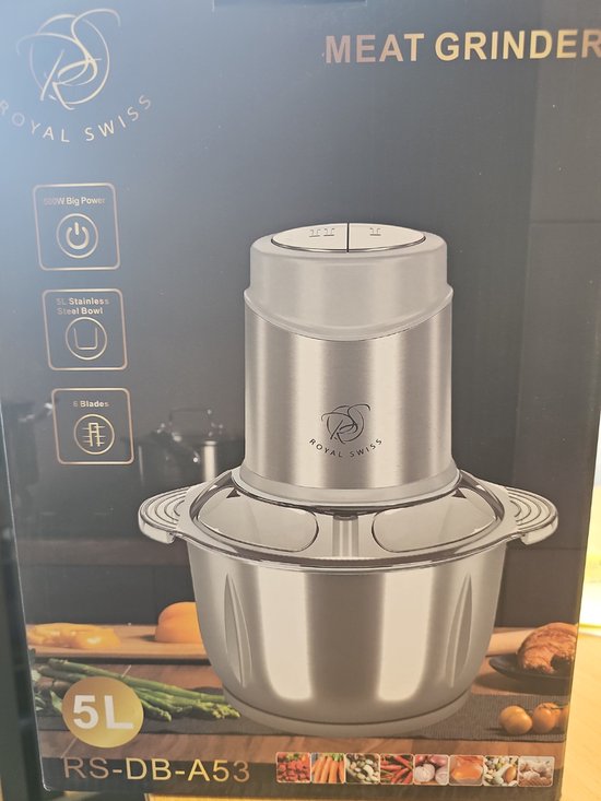 Royal Swiss® Elektrische Vleesmolen 500W – 5L RVS Kom – 6 RVS Messen – 2 Snelheden – Vlees- & Groentemolen – RS-DB-A53