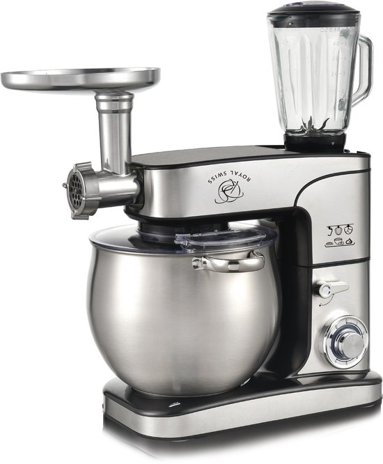 Royal Swiss® Keukenmachine 3-in-1 – 12L XXL RVS Mengkom – 2000W – Standmixer met Blender & Vleesmolen – 6 Snelheden + Pulse – Multifunctionele Keukenrobot van Merkloos