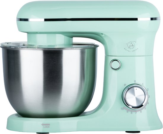 Royal Swiss Keukenmixer 5L Mintgroen – 10 Snelheden + Pulse – 1500W – Planetaire Mengfunctie – Inclusief Deeghaak, Menghaak & Garde – RVS Mengkom van Royal Swiss