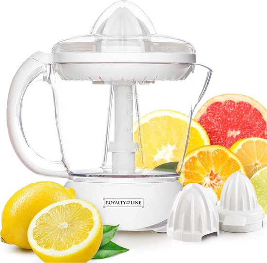 Royalty Line® CP25 Elektrische Citruspers - Pers Met Instelbaar Pulpfilter - 0.7L Elektrische Sinaasappelpers - BPA Vrij - 40W - Praktisch Citroenpers - Wit van Merkloos