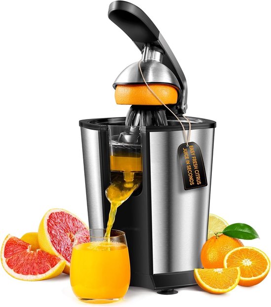 Royalty Line® CPE85 Citruspers Electrisch - Elektrische Sinaasappelpers Met Pershendel - Citroenpers Met 2 Perskegels - Fruitpers - RVS / Zwart van Merkloos