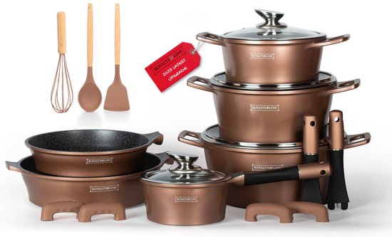 Royalty Line® ES1014 Pannenset Inductie - 17 Delige Pannensets - Pan Met Afneembare Handvaten - Oven Bestendig - Pannen Voor Alle Warmtebronnen - Antiaanbaklaag - Koper van Merkloos