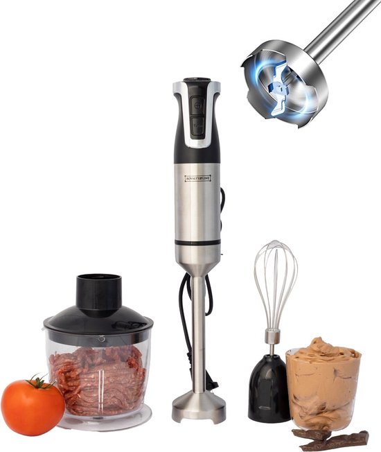 Royalty Line® ESMS800 Staafmixer - 3 in 1 Staafmixer Set - 800W - Hakmolen - Blender - Krachtig Staafmixers - Handmixer Met Garde en Snelheidsinstellingen - RVS / Zwart van Royalty Line