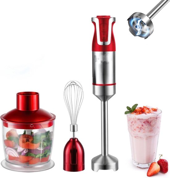 Royalty Line® ESMS800 Staafmixer - 3 in 1 Staafmixer Set - 800W - RVS - Hakmolen - Blender - Handmixer - Garde Met Snelheidsinstellingen - RVS / Rood van Royalty Line