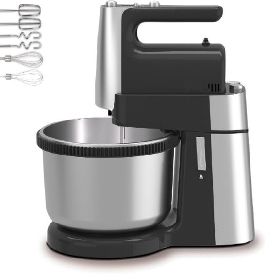 Royalty Line® HM19015 Mixer Met Mengkom - 2 in 1 Handmixer Met Kloppers/Deeghaken/Garde - Krachtig 400W Motor - 3 Liter RVS Mengkom - Zwart / RVS van Royalty Line