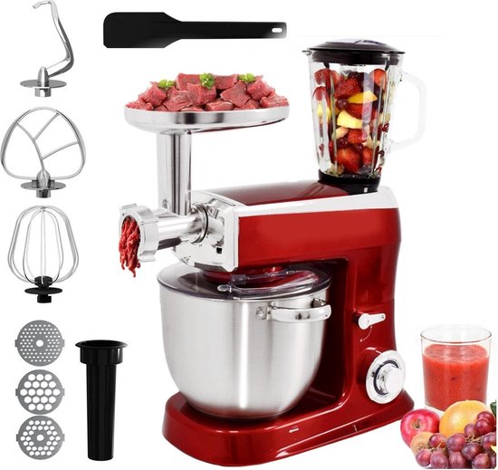 Royalty Line Keukenmachine - Keukenrobot - 2100W - Foodprocessor met 7 Snelheidsstanden + LED, incl. Garde / Kneedhaak / Mengarm en Blender, Met Spatscherm & RVS Mengkom Van 7.5 Liter - Rood van Merkloos