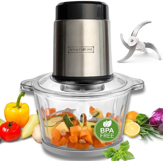 Royalty Line® MCE300 Elektrische Hakmolen - Food Chopper - 1 Liter Glazen Kom Met 4 Messen - BPA Vrij - Hakmolens Met 2 Snelheden - 300W - RVS / Glas