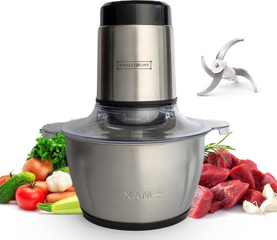 Royalty Line® MCE600 Hakmolen Elektrisch - 3 Liter RVS Kom XL - Food Chopper - 2 Snelheden 600W Sterke Motor - 4 Messen - Vaatwasbestendig - BPA Vrij Hakmolens - RVS