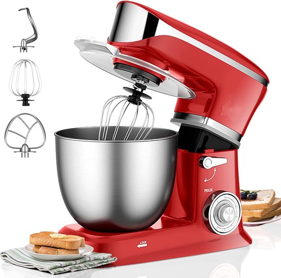 Royalty Line® PKM1900 Keukenmachine - Keukenrobot - 1900W - Foodprocessor - Keukenmixer Met Spatscherm - 6.5 Liter - Rood van Royalty Line