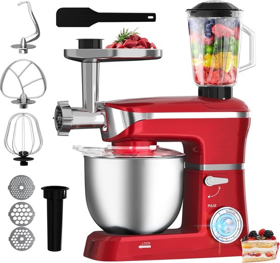 Royalty Line® PKM1900BG 3 in 1 Keukenmachine - 6.5 L Keukenrobot - 1900W Foodprocessor - Keukenmixer Met Blender & Vleesmolen - Rood van Royalty Line