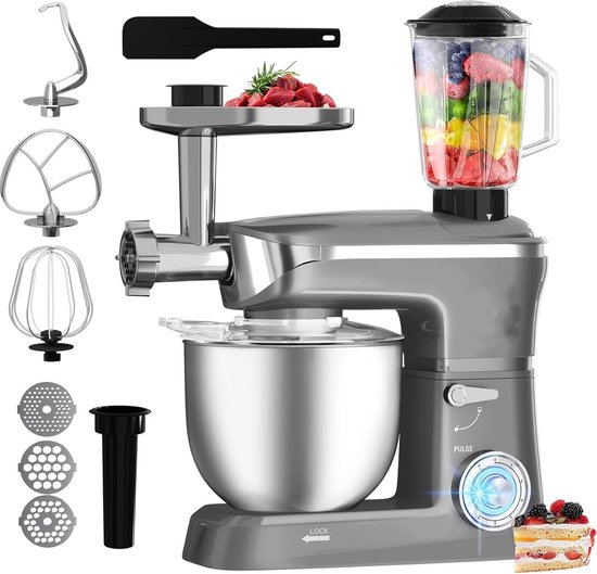 Royalty Line® PKM1900BG Keukenmachine - 1900W - Met Blender, Vleesmolen, Garde, Deeghaak, Menghaak - 6,5 Liter - Zilver van Royalty Line