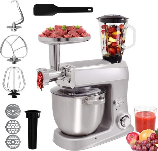 Royalty Line® PKM2100BG 3 in 1 Keukenmachine - 7.5 L Keukenrobot - Krachtig 2100W Foodprocessor - Keukenmixer Met Blender & Vleesmolen - Zilver van Royalty Line