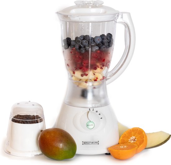 Royalty Line® SM400P2 Blender Met Koffiemolen - Smoothie Maker - 1.5L Plastic Kan - 500W - Blenders met 4 Snelheden - Smoothie Blender Met Extra Bonenmaler - Wit van Royalty Line