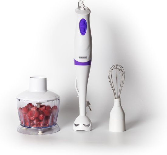 Royalty Line® SMS250 Staafmixer Set 3 in 1 - 250W - Staafmixers Met Hakmolen en Garde - 2 Snelheden - Wit/Paars van Royalty Line