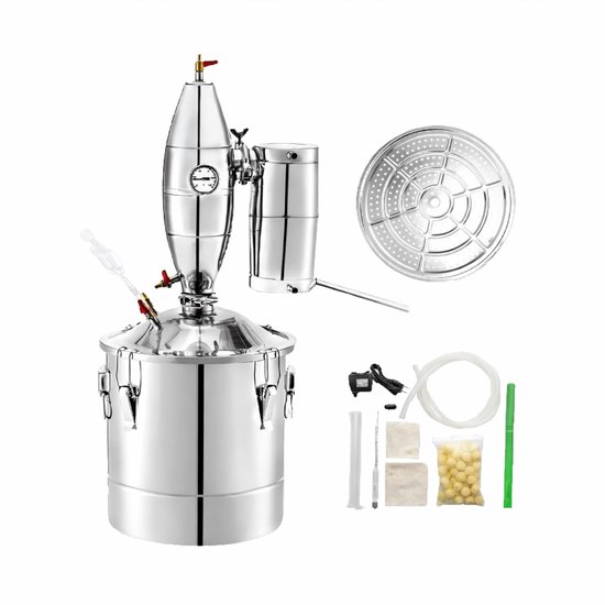 RVS Distilleerketel 70L – Water en Alcohol Distilleerapparaat – Complete Destilleer Set met Thermometer – 304 Roestvrij Staal – Fermentatieketel met Condensor en Koelspiraal – Voor Thuisgebruik en Semi Professioneel Gebruik van Merkloos