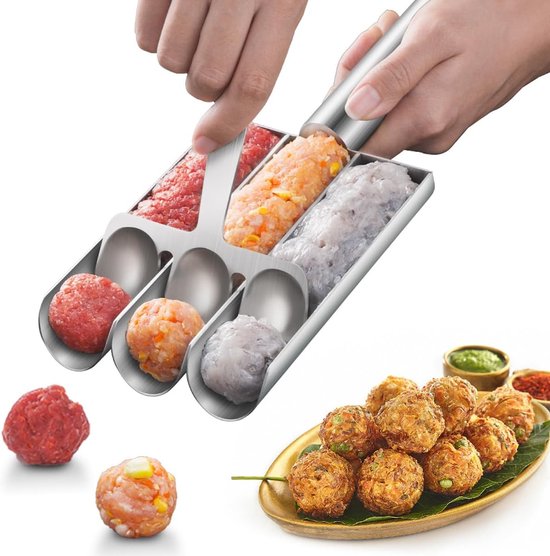 RVS Drievoudige gehaktballenmaker - Gereedschap voor het maken van gehaktballen - Lepel met snijgedeelte - Set mallen voor het maken van gehaktballen - Gereedschap voor thuis koken - DIY snel gehaktballen koken - Zilver van Merkloos