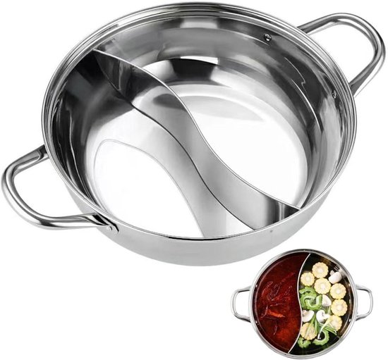 RVS Hete Pot - Hotpot met verdeler - Gezellig eten - Dubbele bouillon koken - 28 cm - Zilver